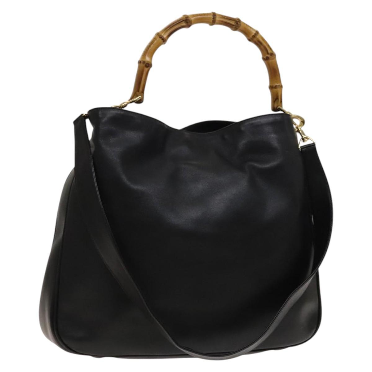 Gucci Bamboo Shoulder Bag Leather 2way Black Gold 001 3444 1577 Auth 139902